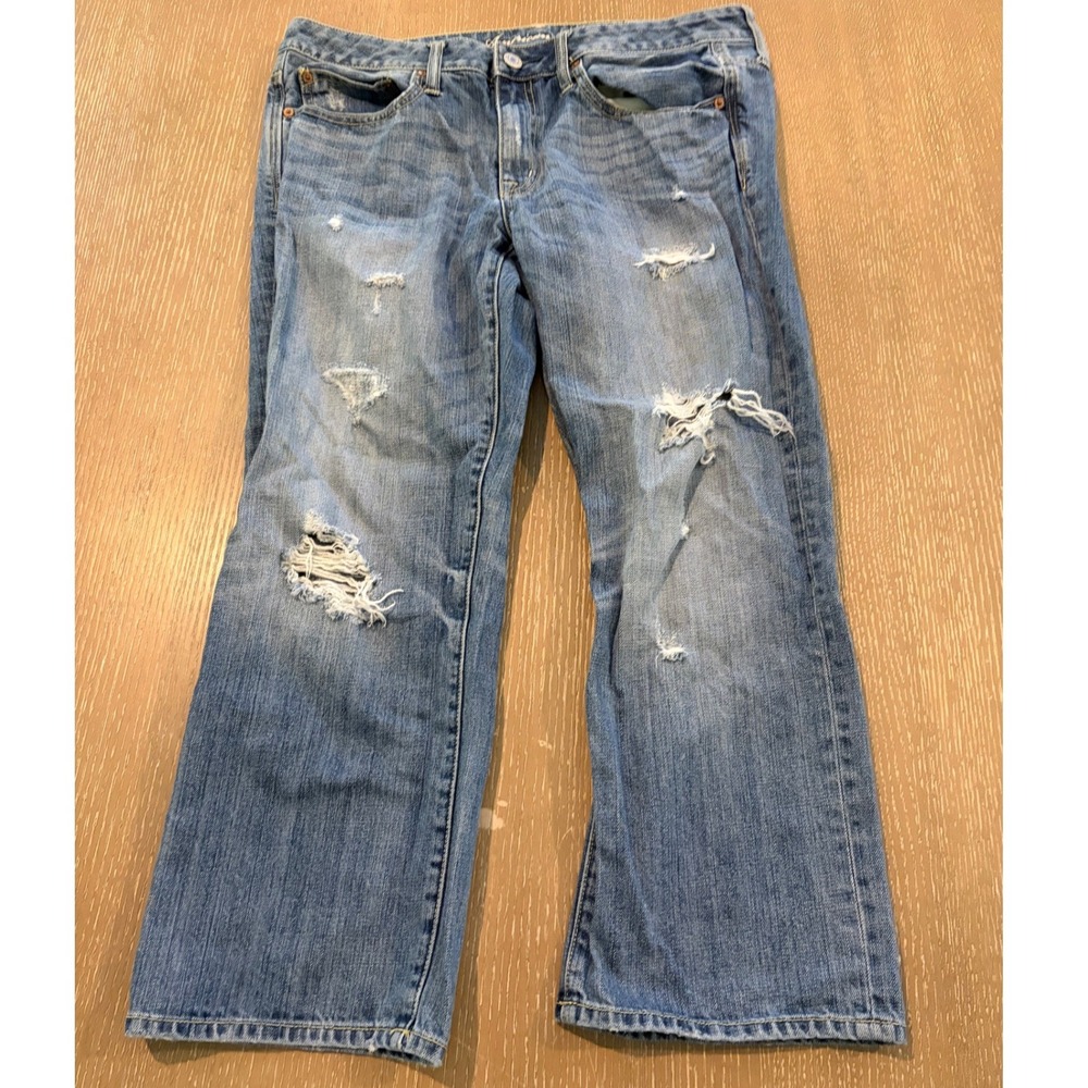 American Eagle Boy Fit Women's Size 12 Distressed Medium Wash Bootcut Jeans Y2K